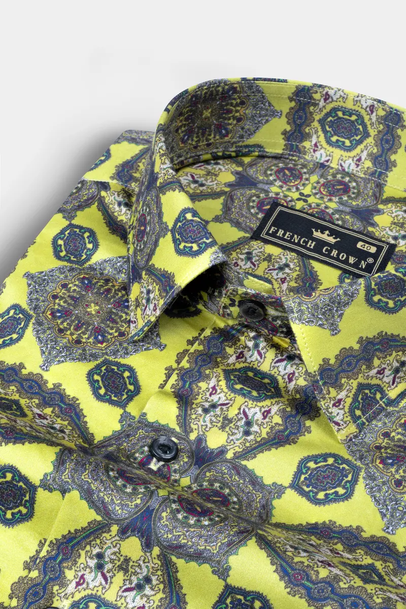 Primrose Yellow With Cobalt Blue Printed Super Soft Premium Cotton Shirt 1