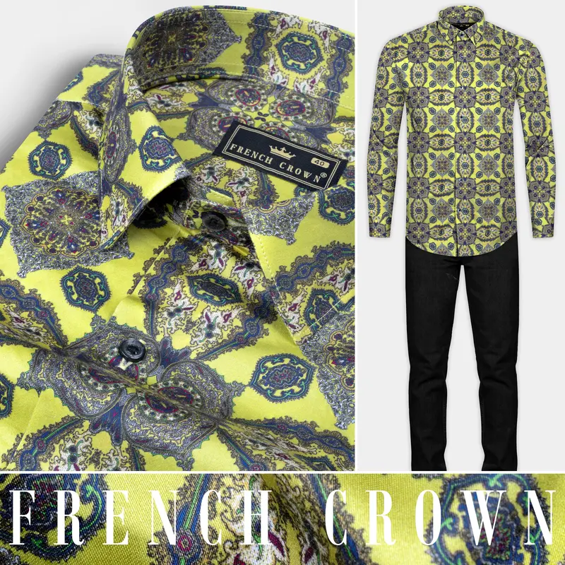 Primrose Yellow With Cobalt Blue Printed Super Soft Premium Cotton Shirt 10