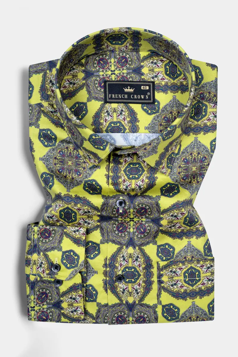 Primrose Yellow With Cobalt Blue Printed Super Soft Premium Cotton Shirt 3
