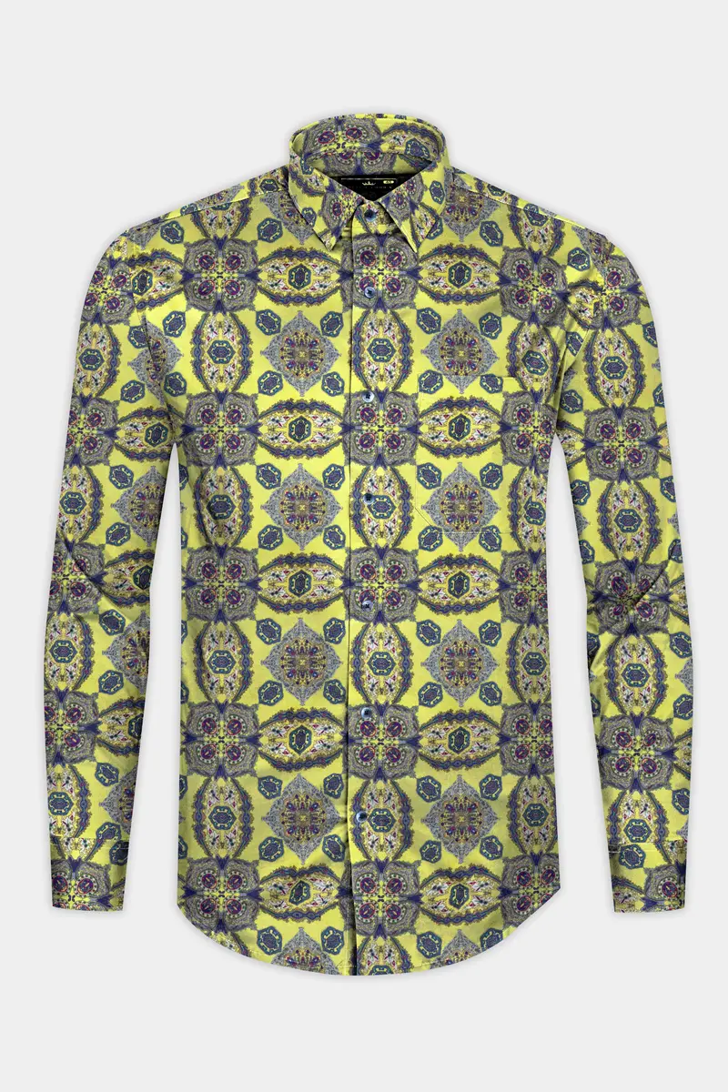 Primrose Yellow With Cobalt Blue Printed Super Soft Premium Cotton Shirt 4