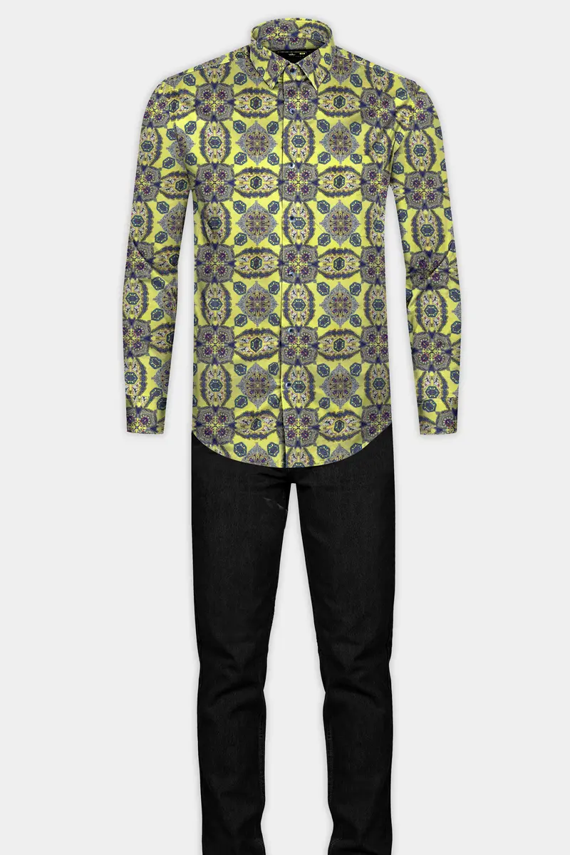 Primrose Yellow With Cobalt Blue Printed Super Soft Premium Cotton Shirt 6
