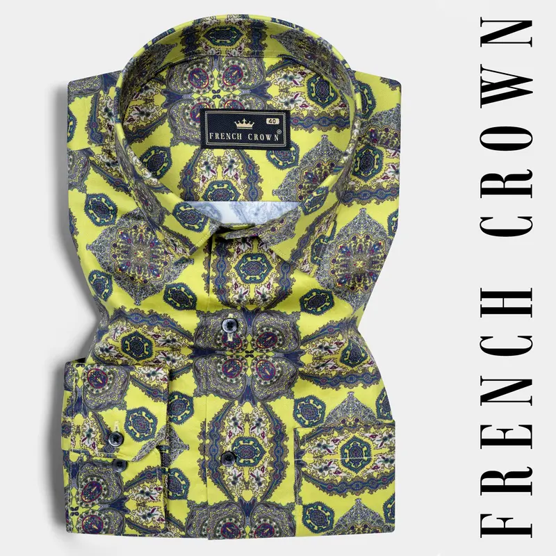 Primrose Yellow With Cobalt Blue Printed Super Soft Premium Cotton Shirt 7
