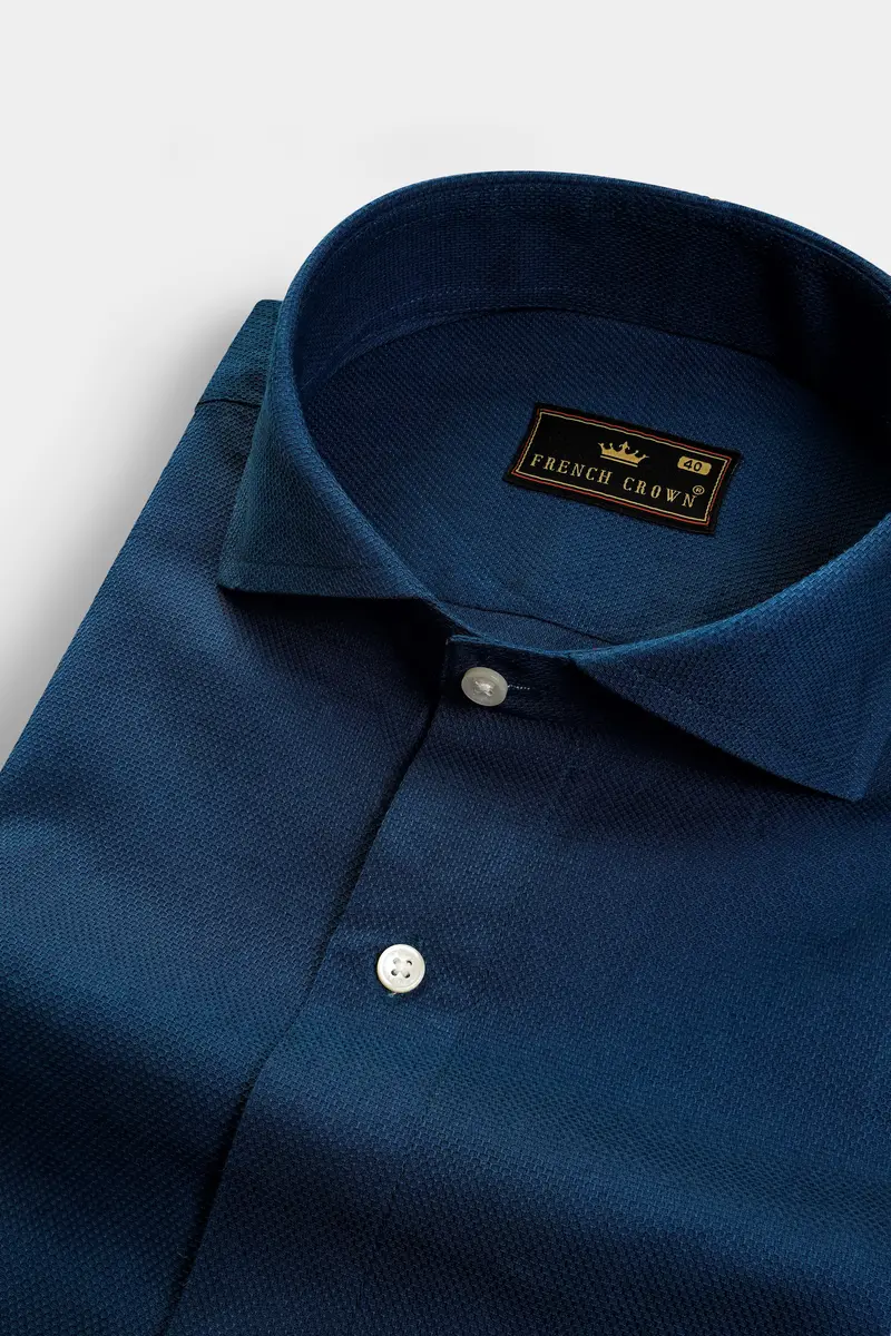 Prussian Blue Dobby Textured Premium Giza Cotton Shirt 1