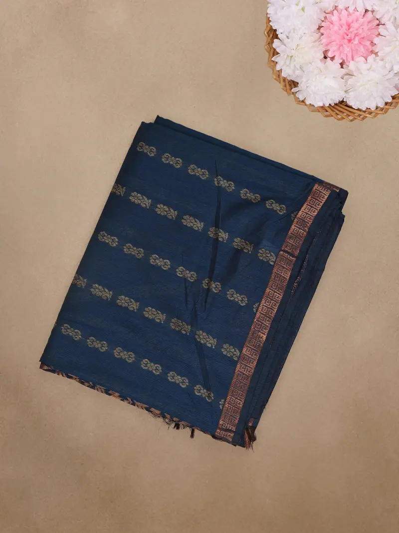 Prussian Blue Floral Butta Design Cotton Saree 1