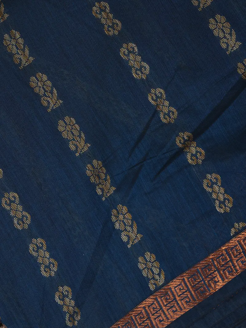 Prussian Blue Floral Butta Design Cotton Saree 2