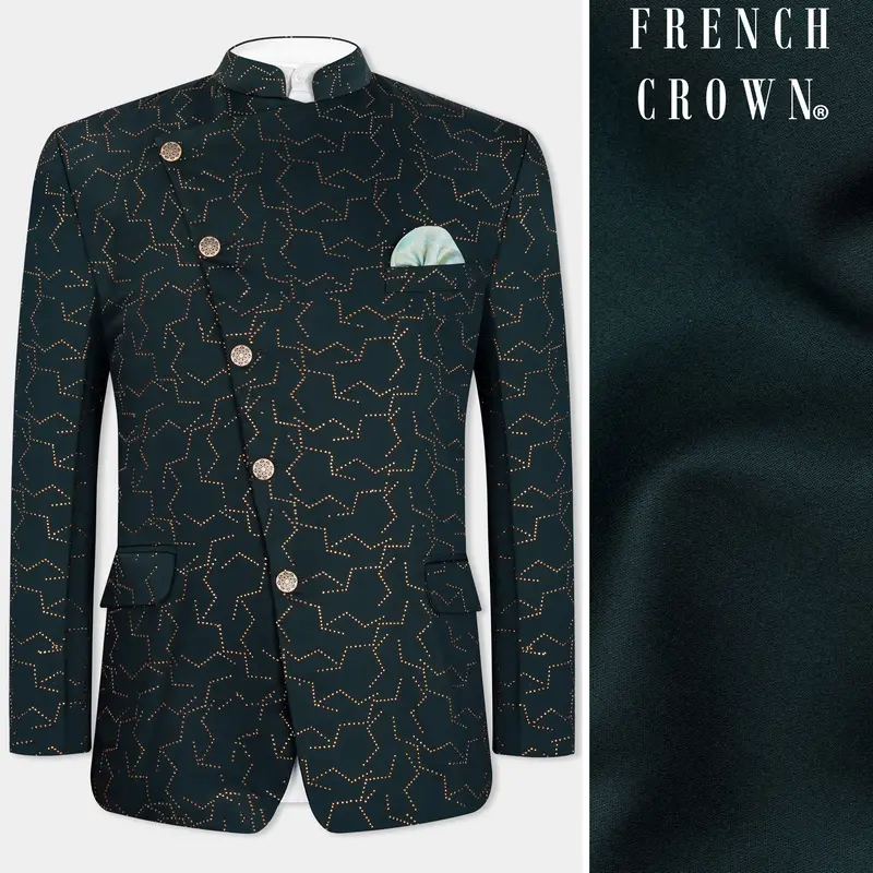 Prussian Green Wool Rich Stonework Cross Placket Bandhgala Designer Blazer 1