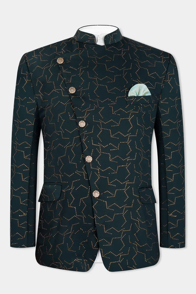 Prussian Green Wool Rich Stonework Cross Placket Bandhgala Designer Blazer 2