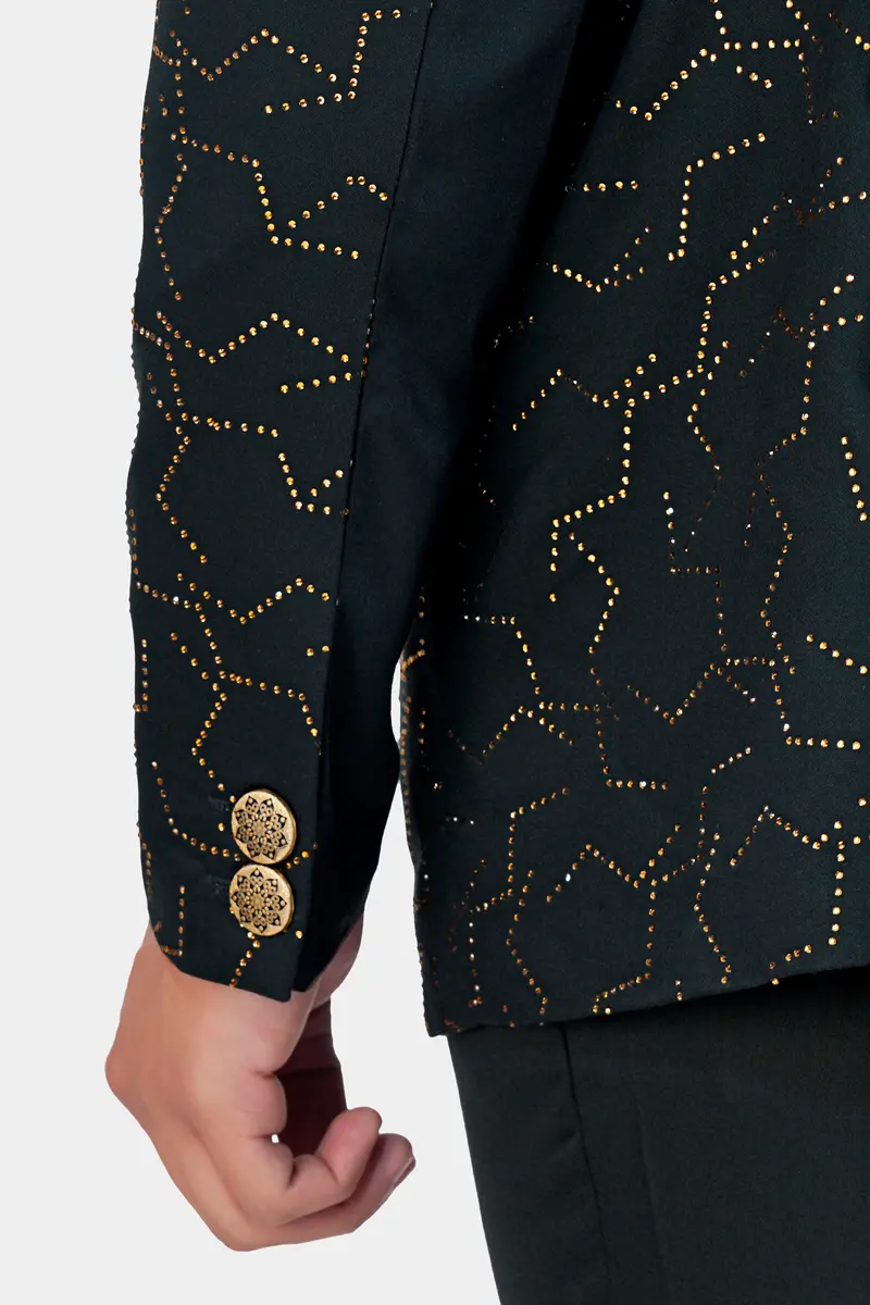 Prussian Green Wool Rich Stonework Cross Placket Bandhgala Designer Blazer 4
