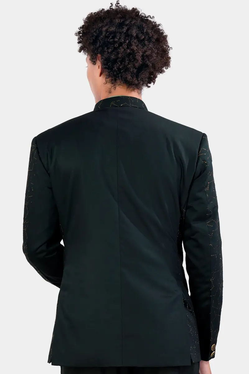 Prussian Green Wool Rich Stonework Cross Placket Bandhgala Designer Blazer 5