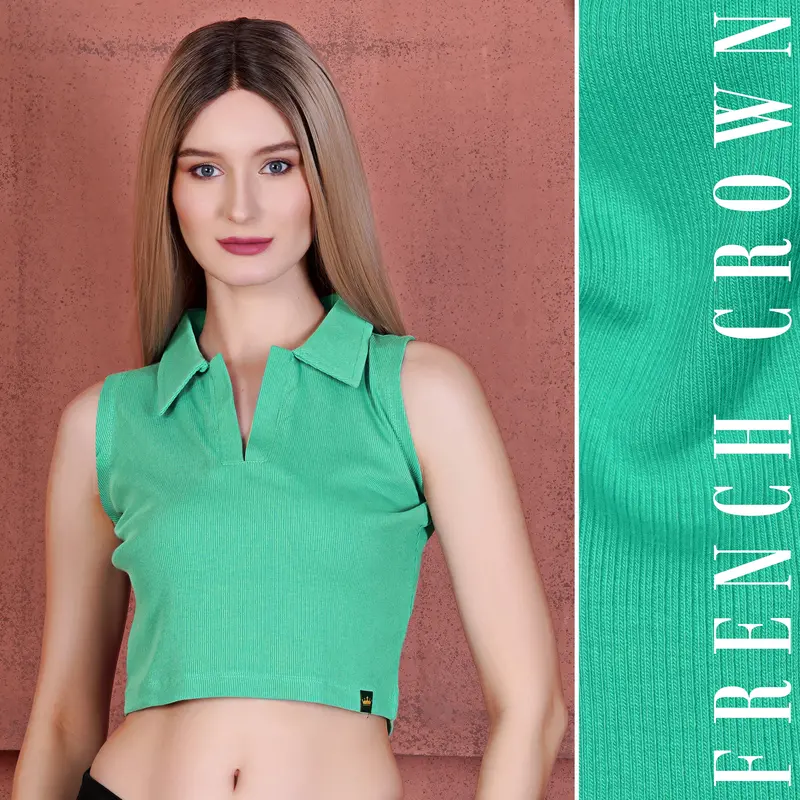 Puerto Green Premium Cotton Knit Stretchable Crop Top With Polo Collar 1