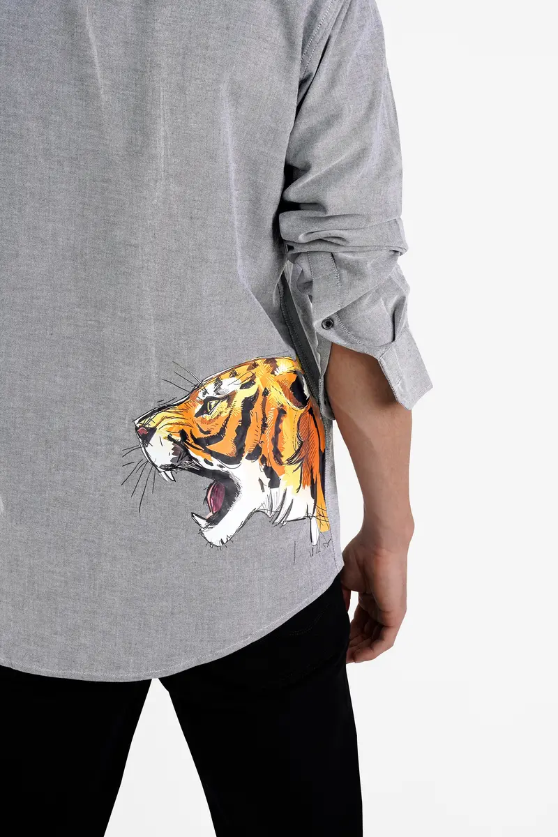 Pumice Gray Tiger Printed Royal Oxford Designer Shirt 7