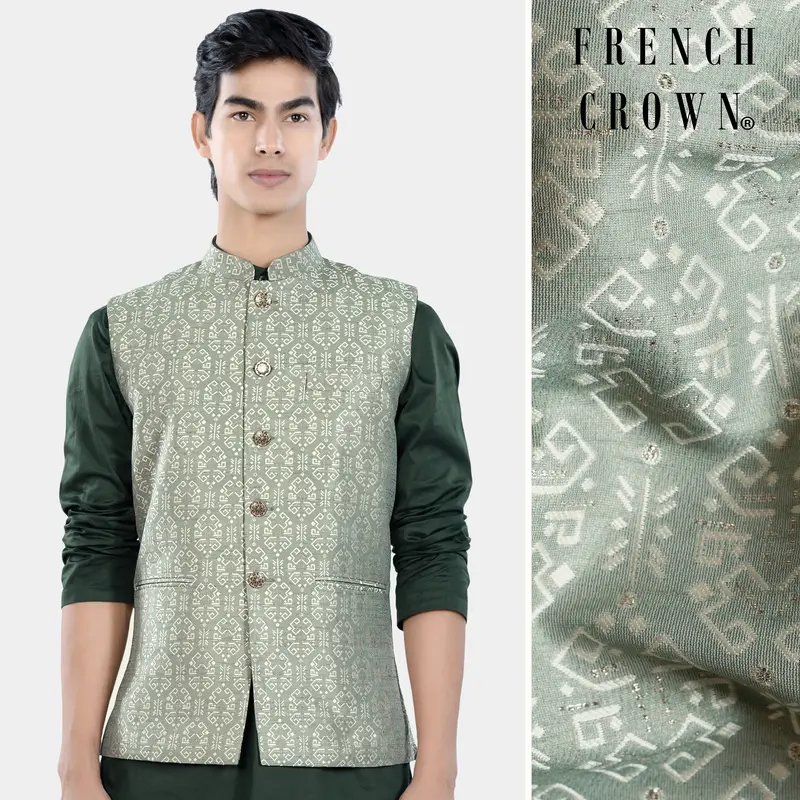 Pumice Green And White Jacquard Textured Designer Nehru Jacket 1