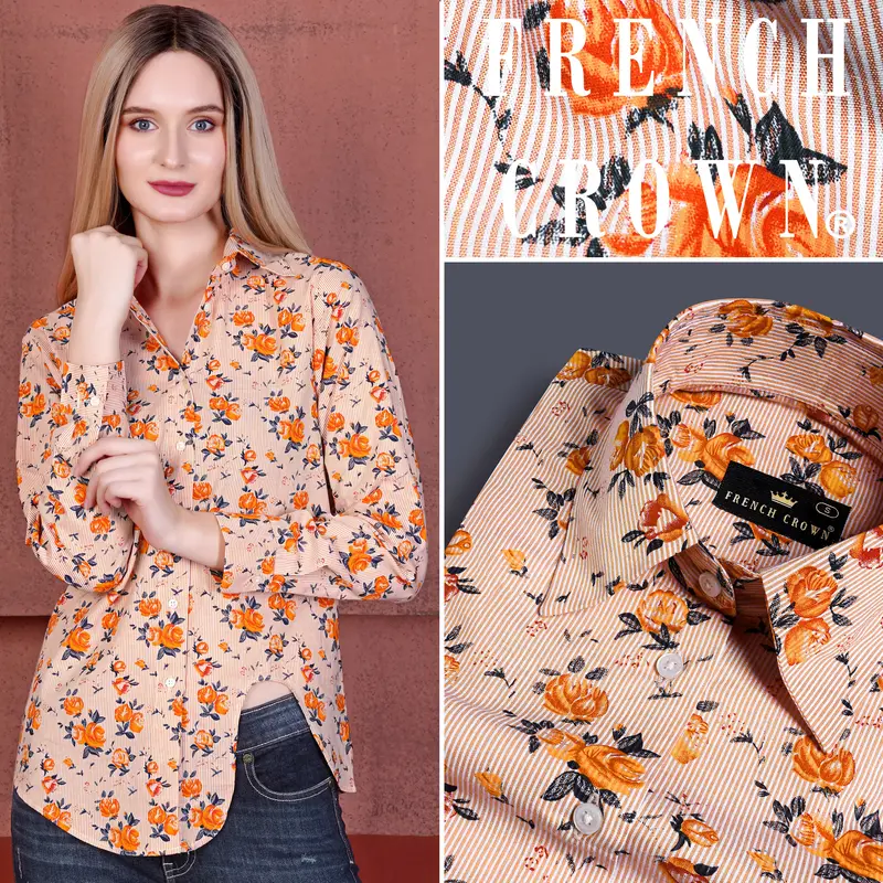 Pumpkin Orange And Burning Sand Brown Pinstriped With Floral Printed Premium Cotton Designer Shirt 1