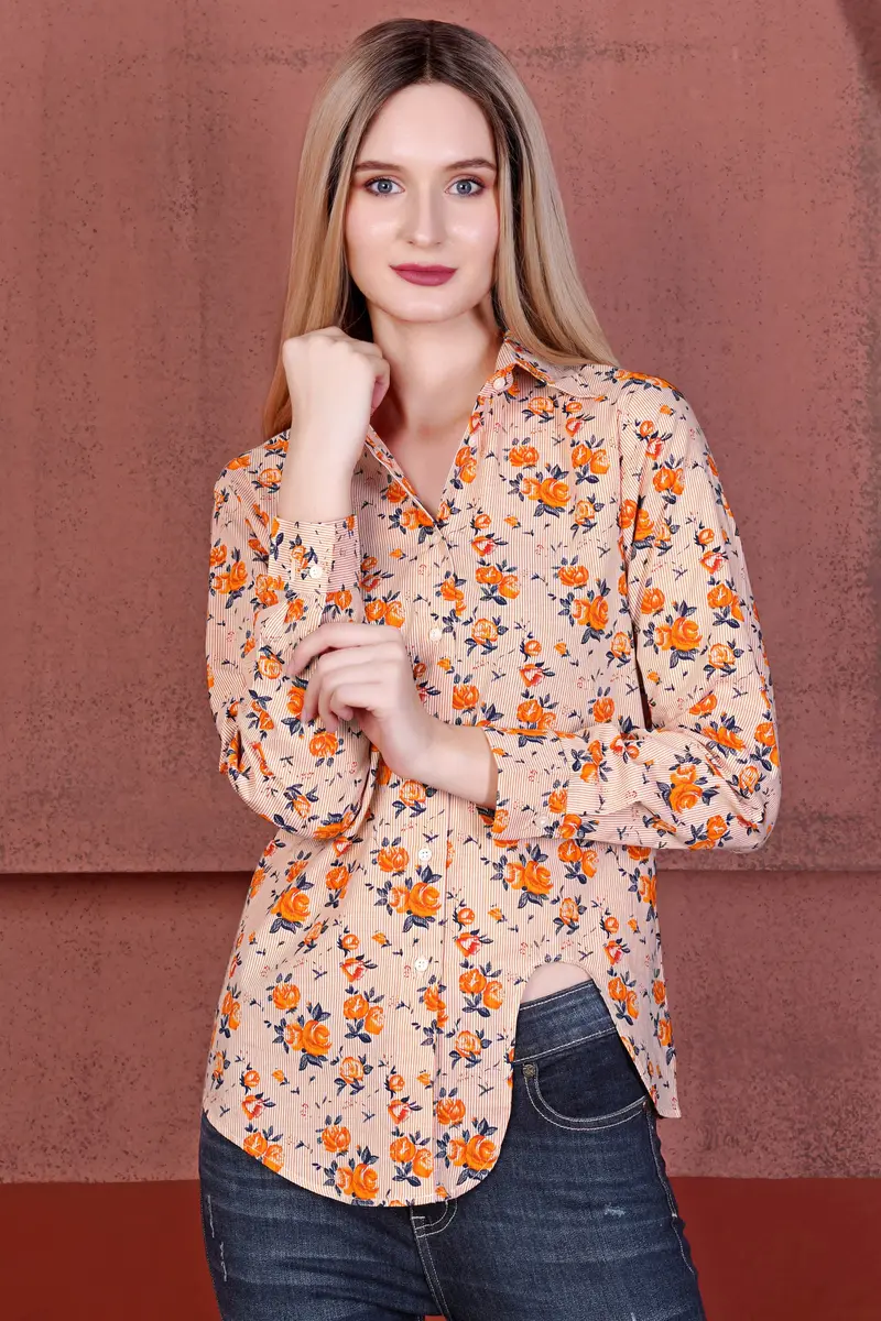 Pumpkin Orange And Burning Sand Brown Pinstriped With Floral Printed Premium Cotton Designer Shirt 2