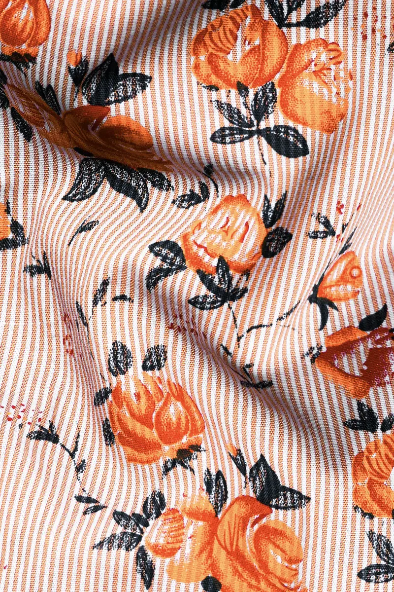 Pumpkin Orange And Burning Sand Brown Pinstriped With Floral Printed Premium Cotton Designer Shirt 3