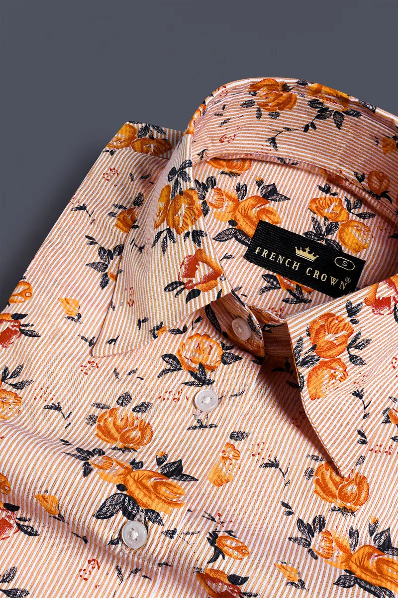 Pumpkin Orange And Burning Sand Brown Pinstriped With Floral Printed Premium Cotton Designer Shirt 4
