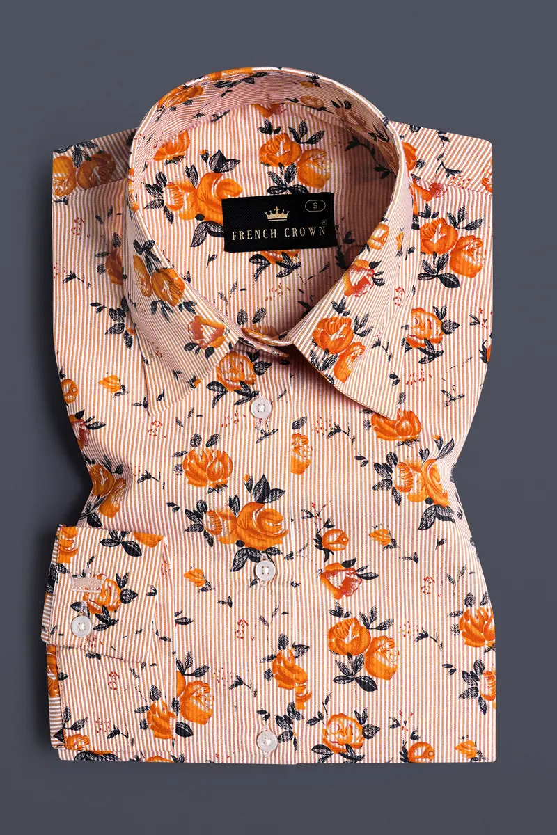 Pumpkin Orange And Burning Sand Brown Pinstriped With Floral Printed Premium Cotton Designer Shirt 5
