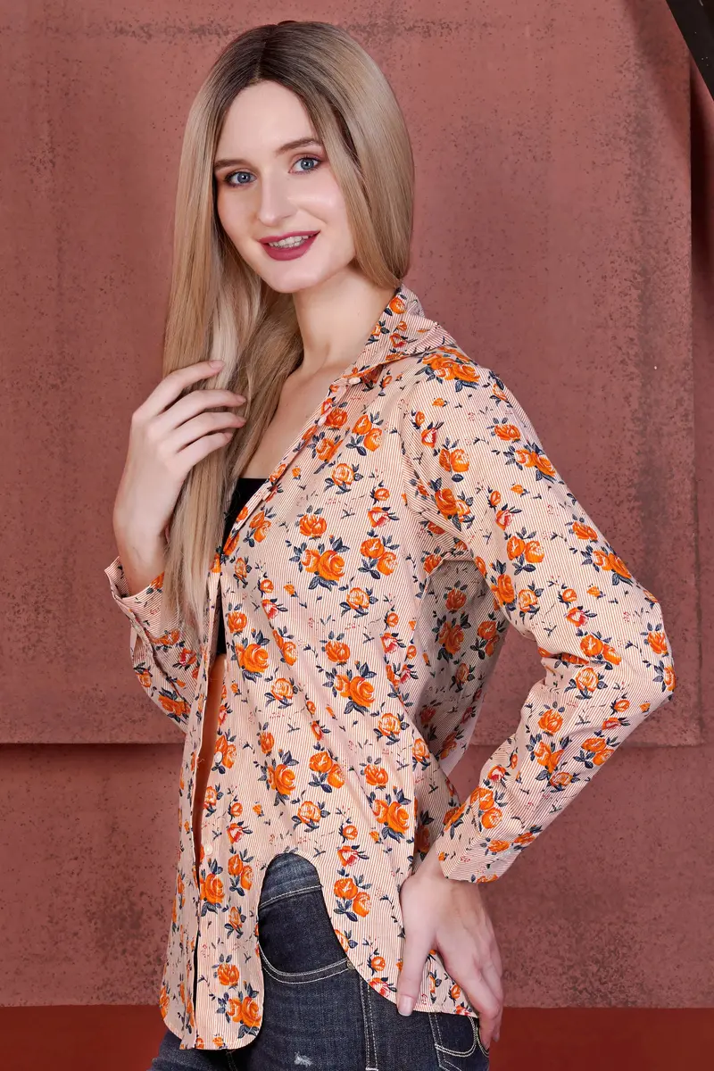 Pumpkin Orange And Burning Sand Brown Pinstriped With Floral Printed Premium Cotton Designer Shirt 6