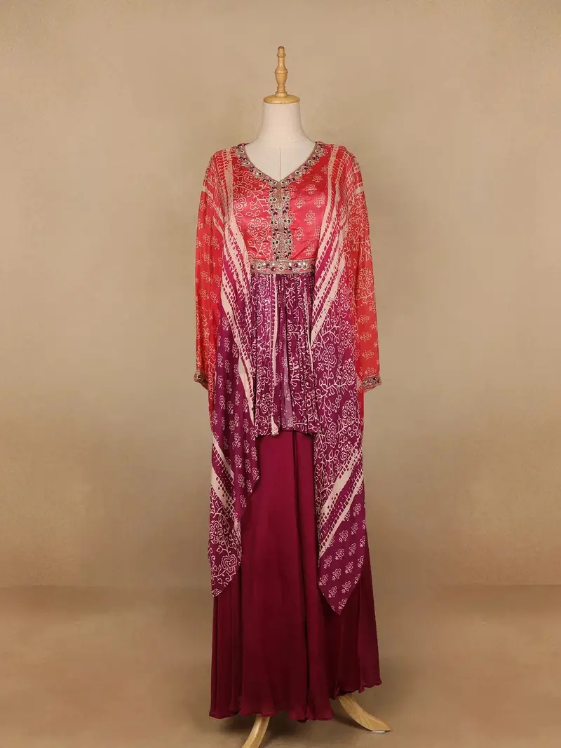 Purple Abstract Design Semi Silk Kaftan Palazzo Suit 1