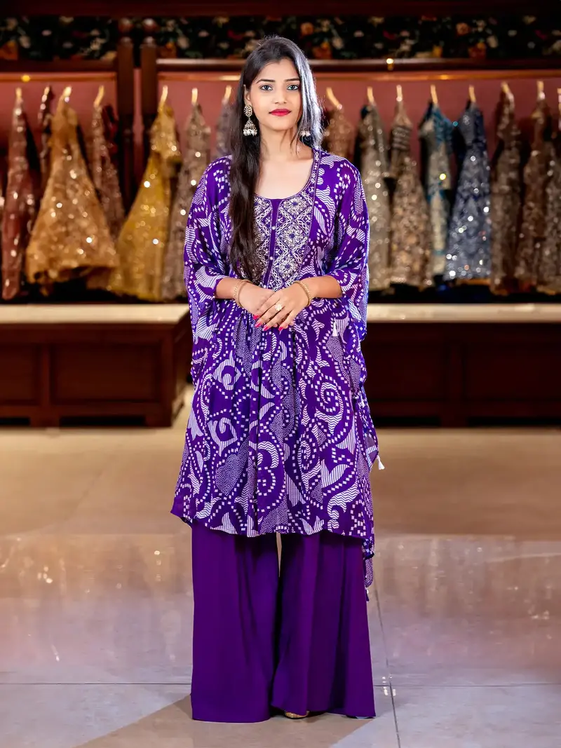 Purple Abstract Printed Kaftan-Style Crepe Salwar Suit 1