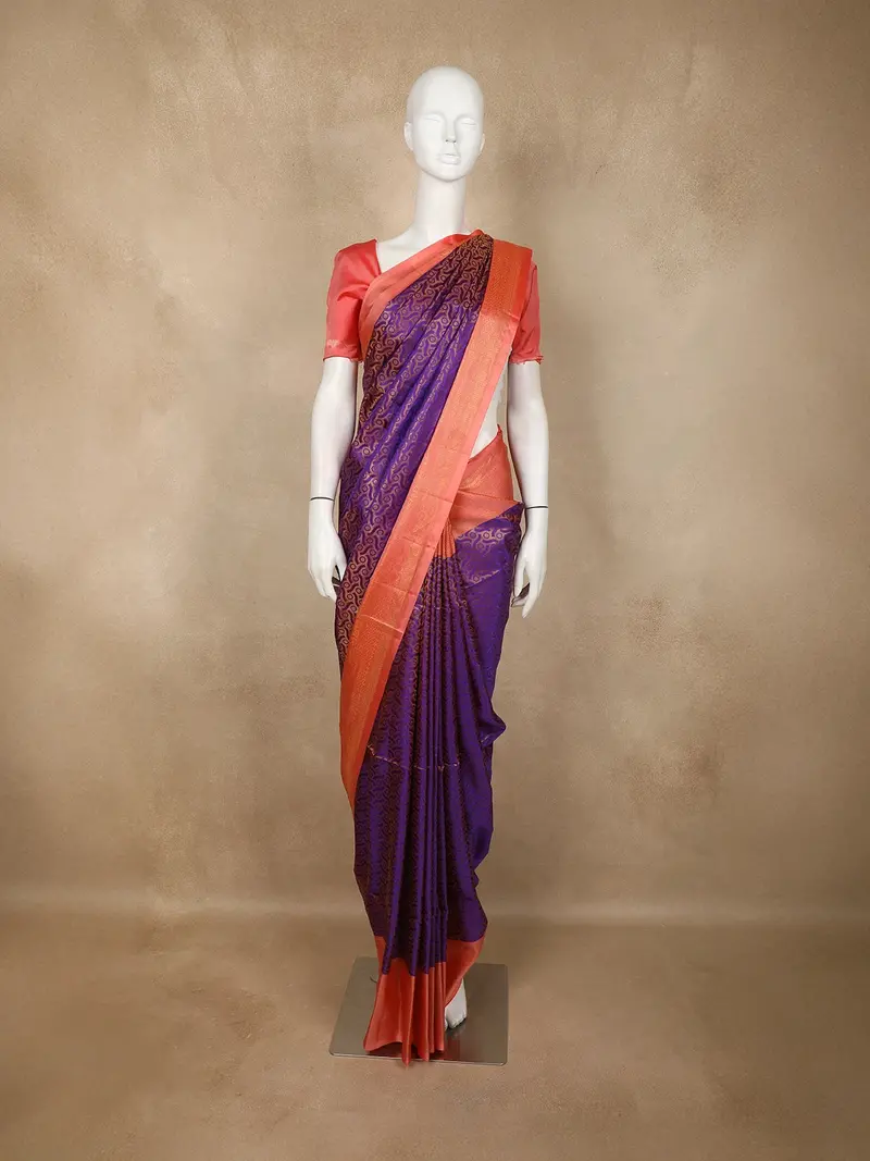 Purple Abstract Woven Design Soft Silk Saree With Contrast Orange Zari Border 1