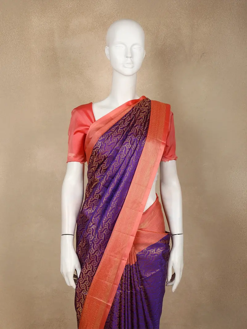 Purple Abstract Woven Design Soft Silk Saree With Contrast Orange Zari Border 2