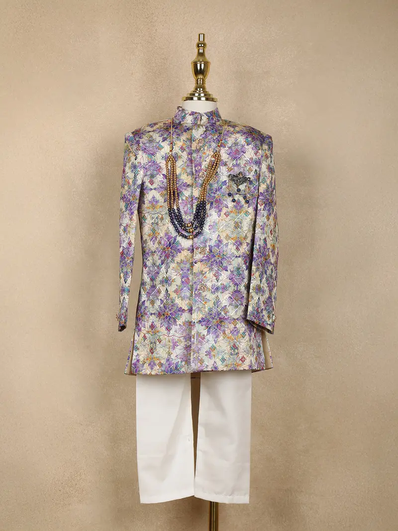 Purple And Beige Floral Design Printed Kids Semi Silk Sherwani 1