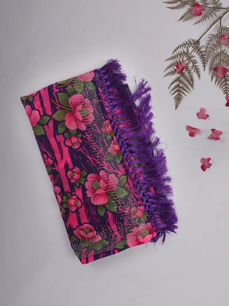 Purple And Pink Floral Printed Design Chiffon Saree With Stone Embellished Border 1