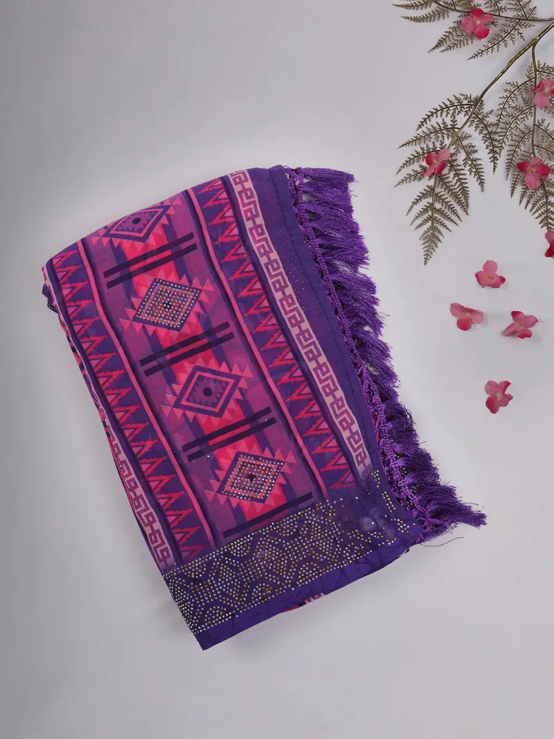 Purple And Pink Geometric Printed Chiffon Saree With Stone Embellished Border 1