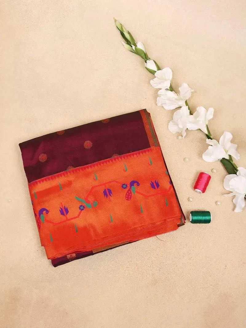 Purple Banarasi Saree With Floral Design & Designed Zari Border 1