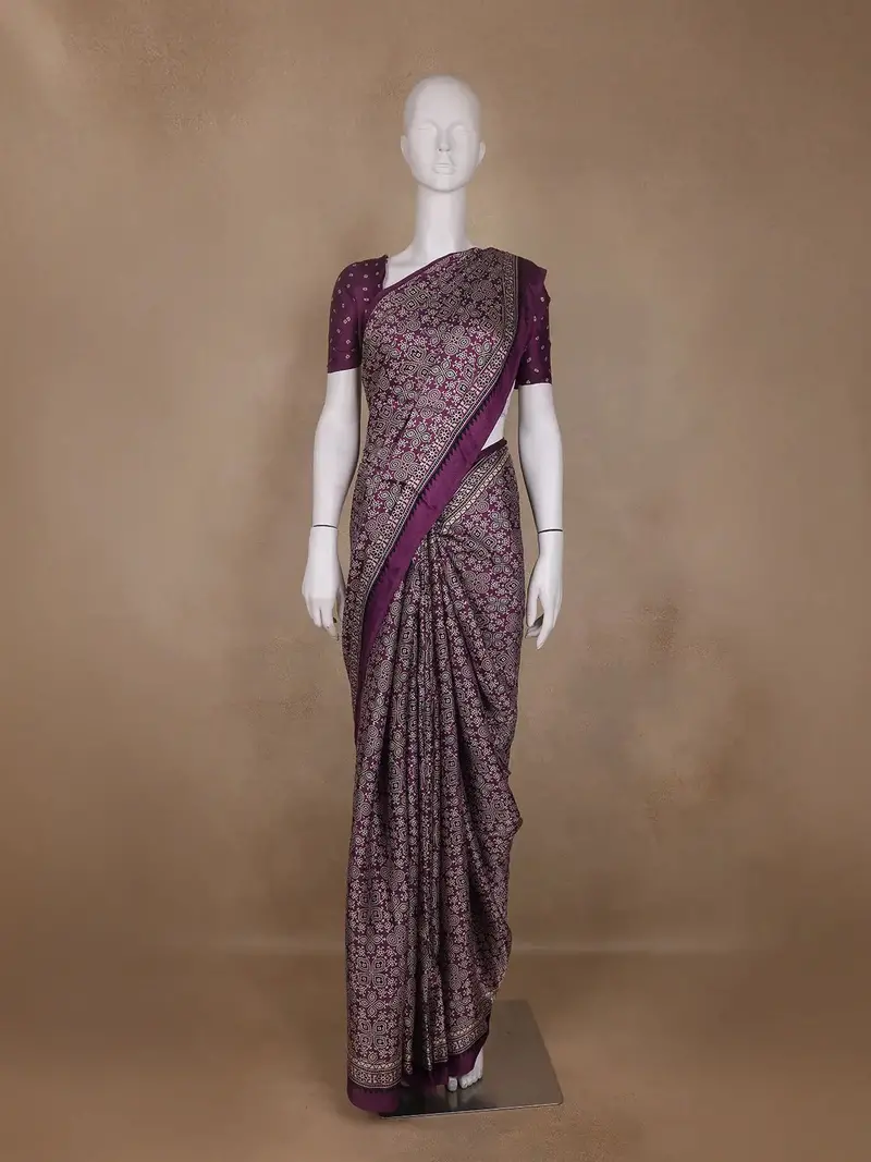 Purple  Bandhani-Style Geometric Print  Mul Mul Cotton Saree 1