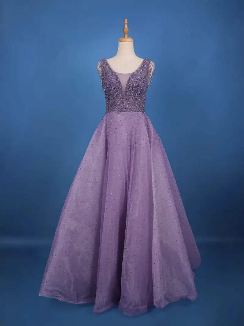 Purple Beaded Net Gown With Deep Neck 1