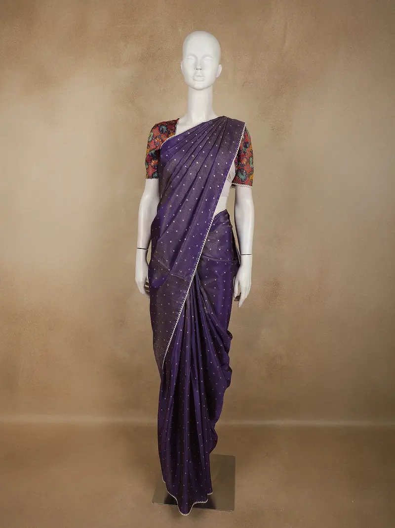 Purple Butta Woven Design Soft Tissue Saree With Scalloped Border 1
