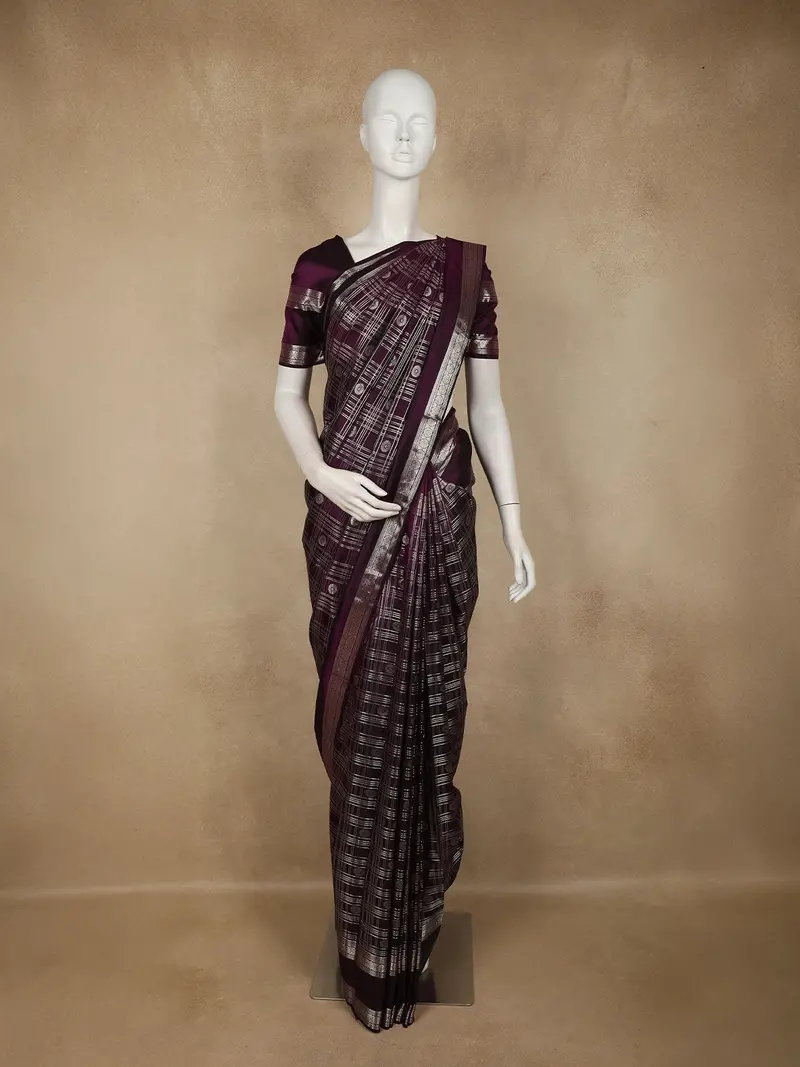 Purple Checked Zari Woven Kanchipuram Silk Saree 1