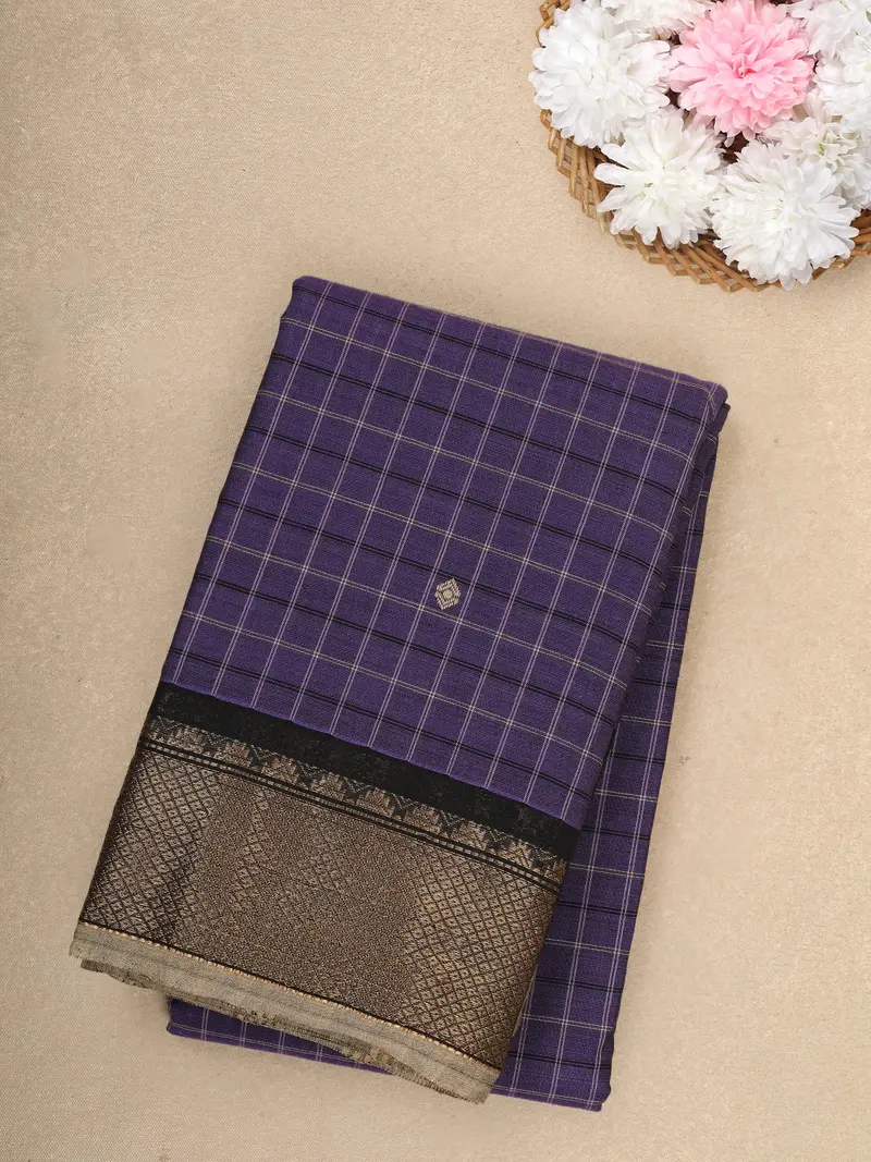 Purple Checks Design Cotton Saree With Black Zari Woven Border 1