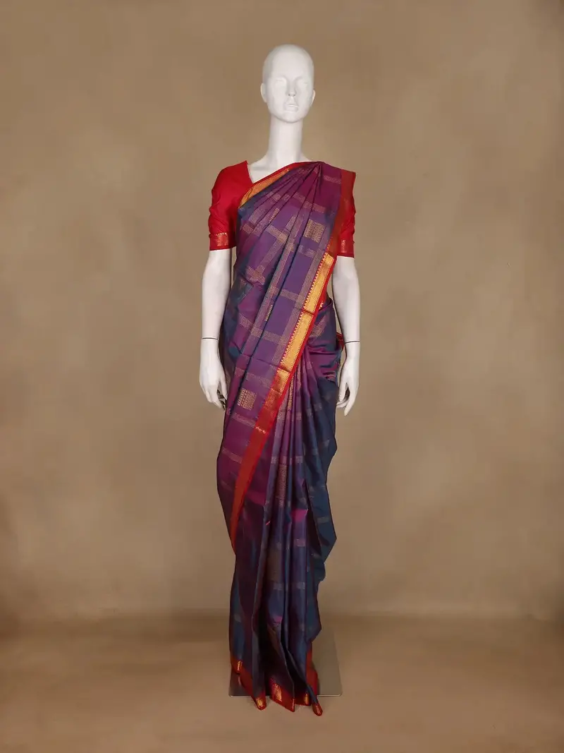 Purple Checks Woven Pure Kanchipuram Silk Saree 1