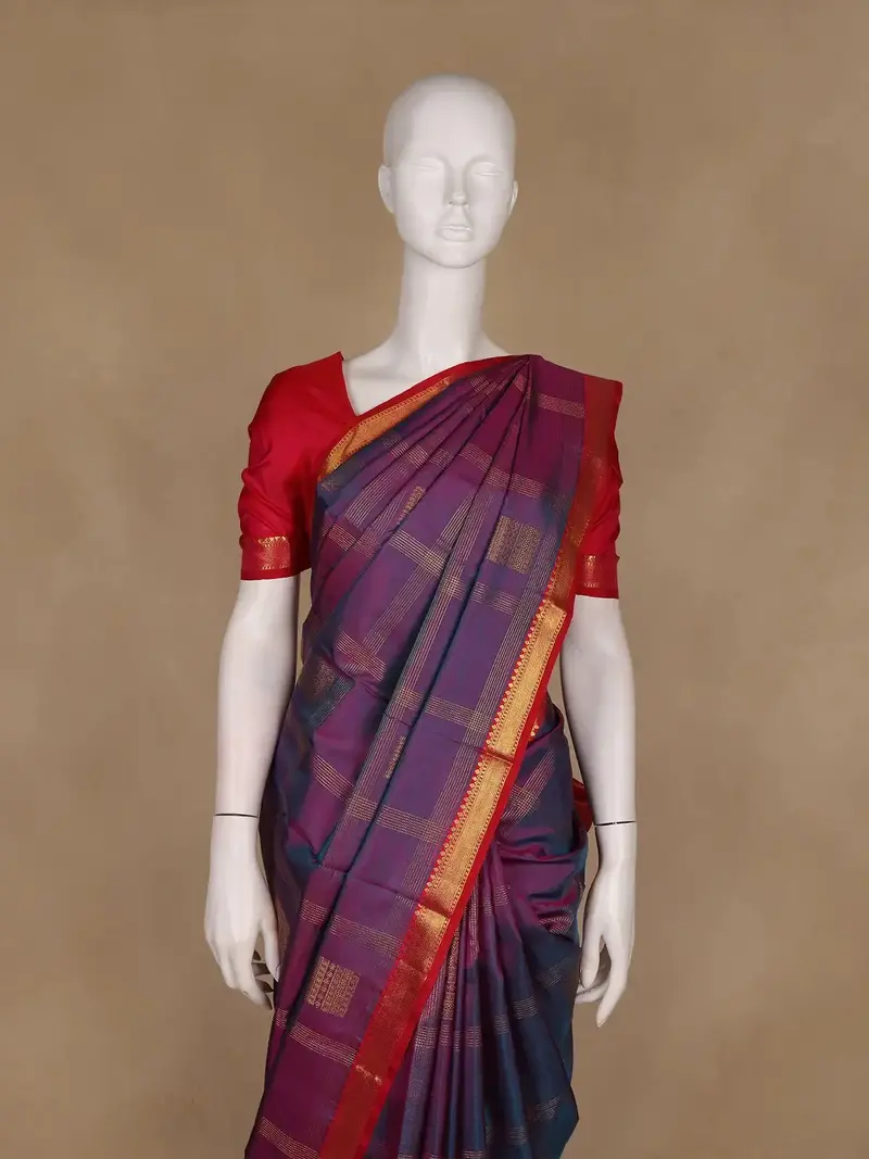 Purple Checks Woven Pure Kanchipuram Silk Saree 2