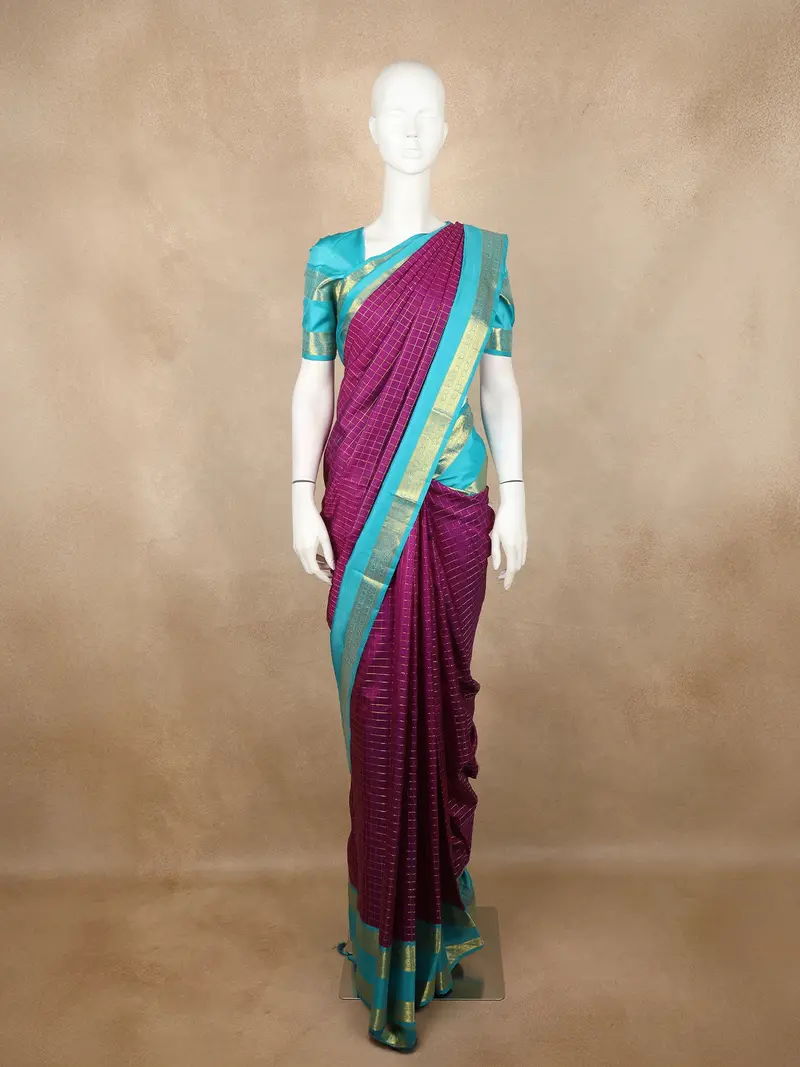 Purple Checks Woven Pure Kanchipuram Silk Saree With Contrast Aqua Blue Zari Border 1