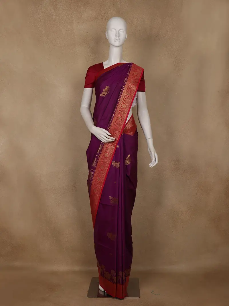 Purple Cow Motif Woven Semi Soft Silk Saree 1