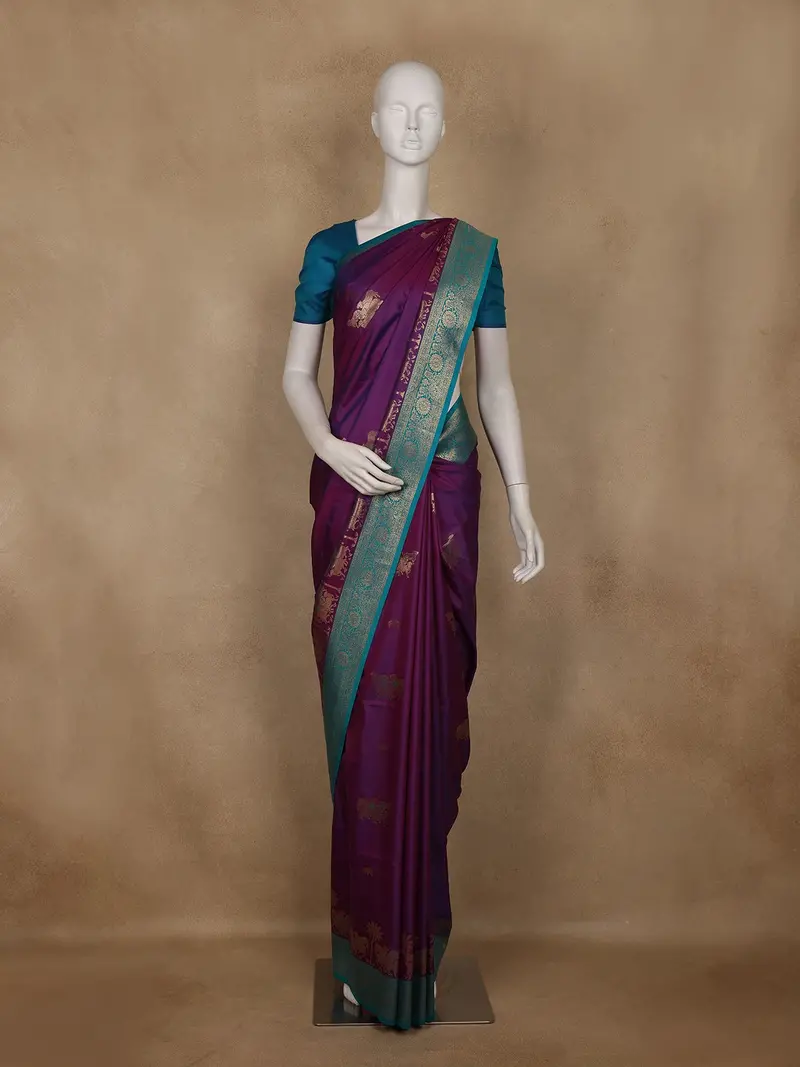 Purple Cow Motif Woven Semi Soft Silk Saree With Aqua Blue Contrast Border 1