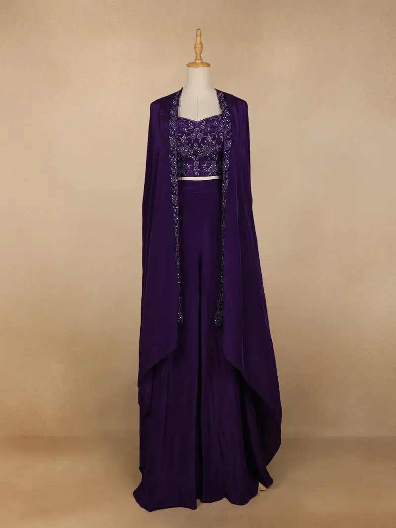 Purple Crepe Floral Embroidery Palazzo Suit 1