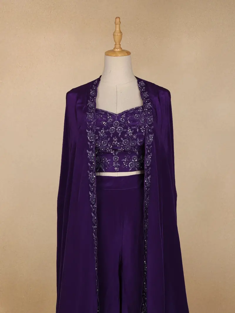 Purple Crepe Floral Embroidery Palazzo Suit 2