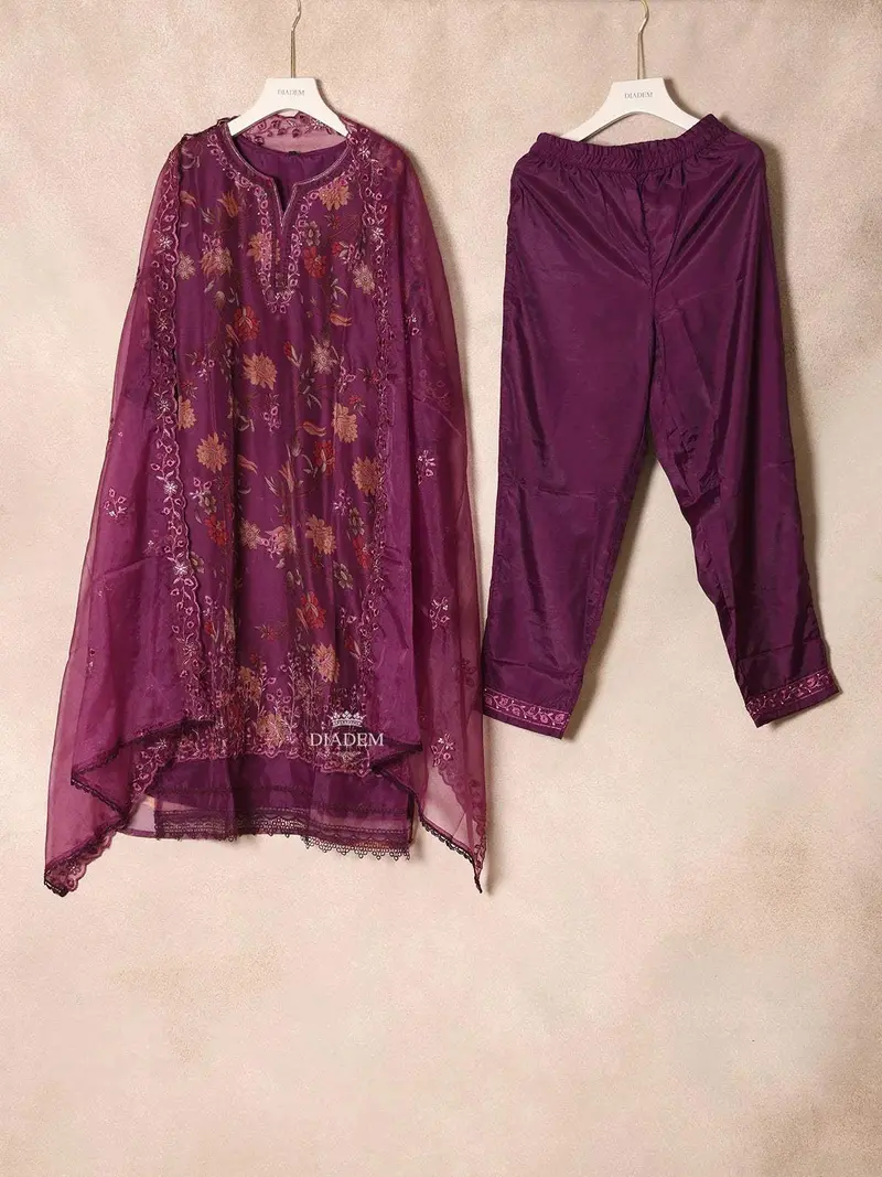 Purple Crepe Straight Cut Salwar Suit Adorned With Floral Prints And Thread Work Paired With Dupatta 1