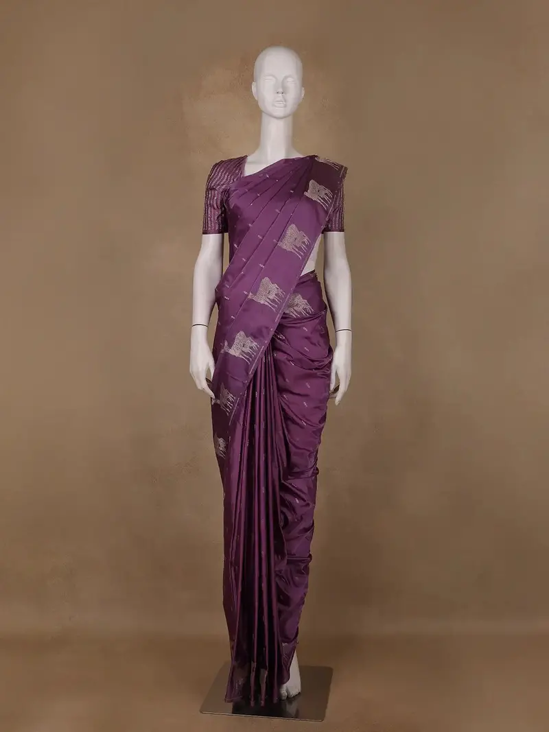 Purple Deer Motif Tussar Silk Saree 1