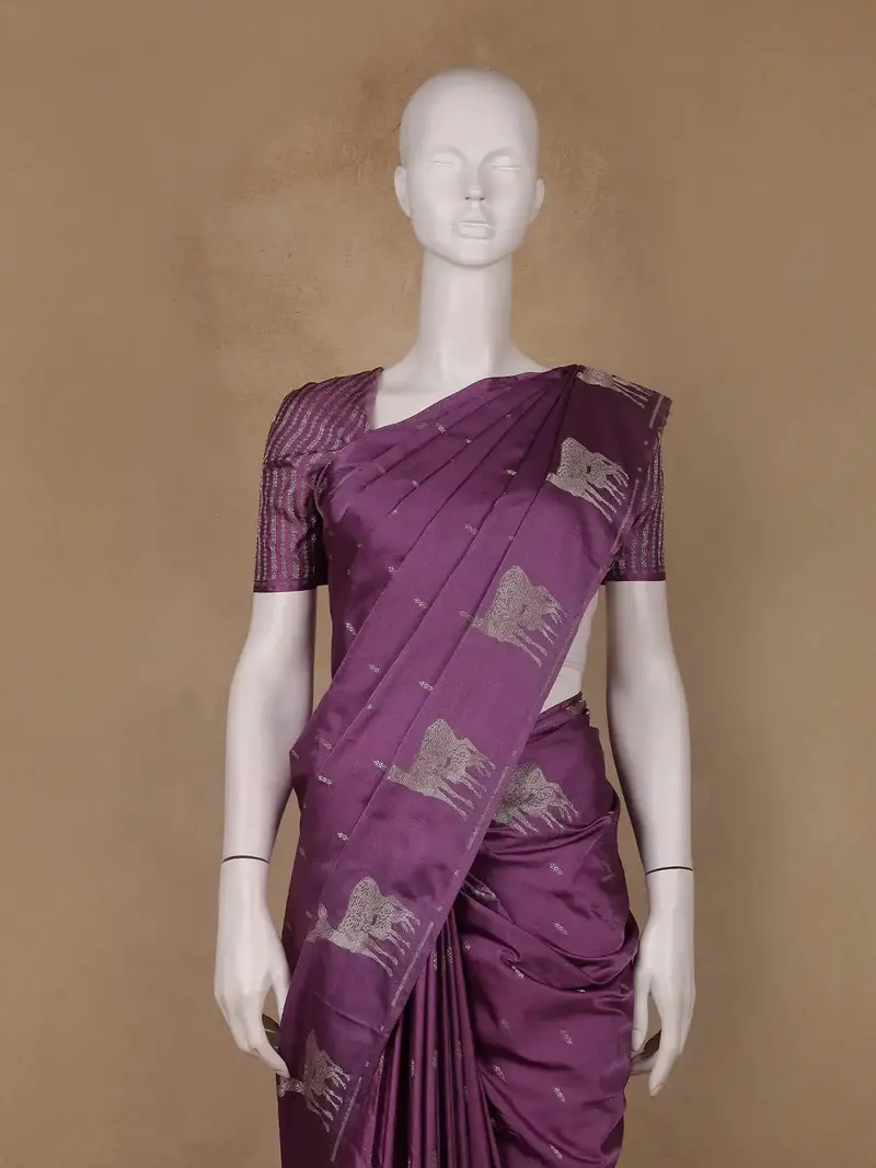 Purple Deer Motif Tussar Silk Saree 2
