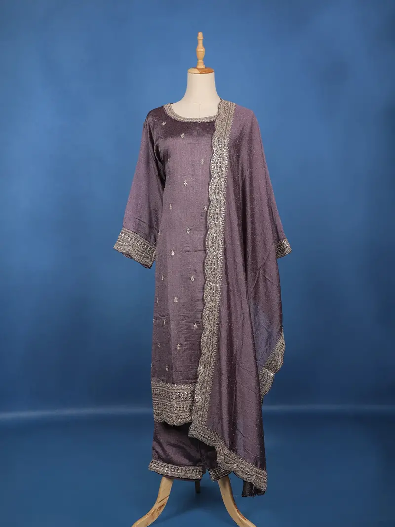 Purple Embellished Design Semi Silk Salwar Suit 1