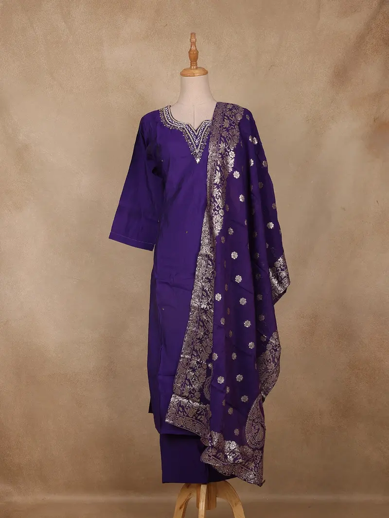 Purple Embroidered Cotton Salwar Suit With Banarasi Dupatta 1