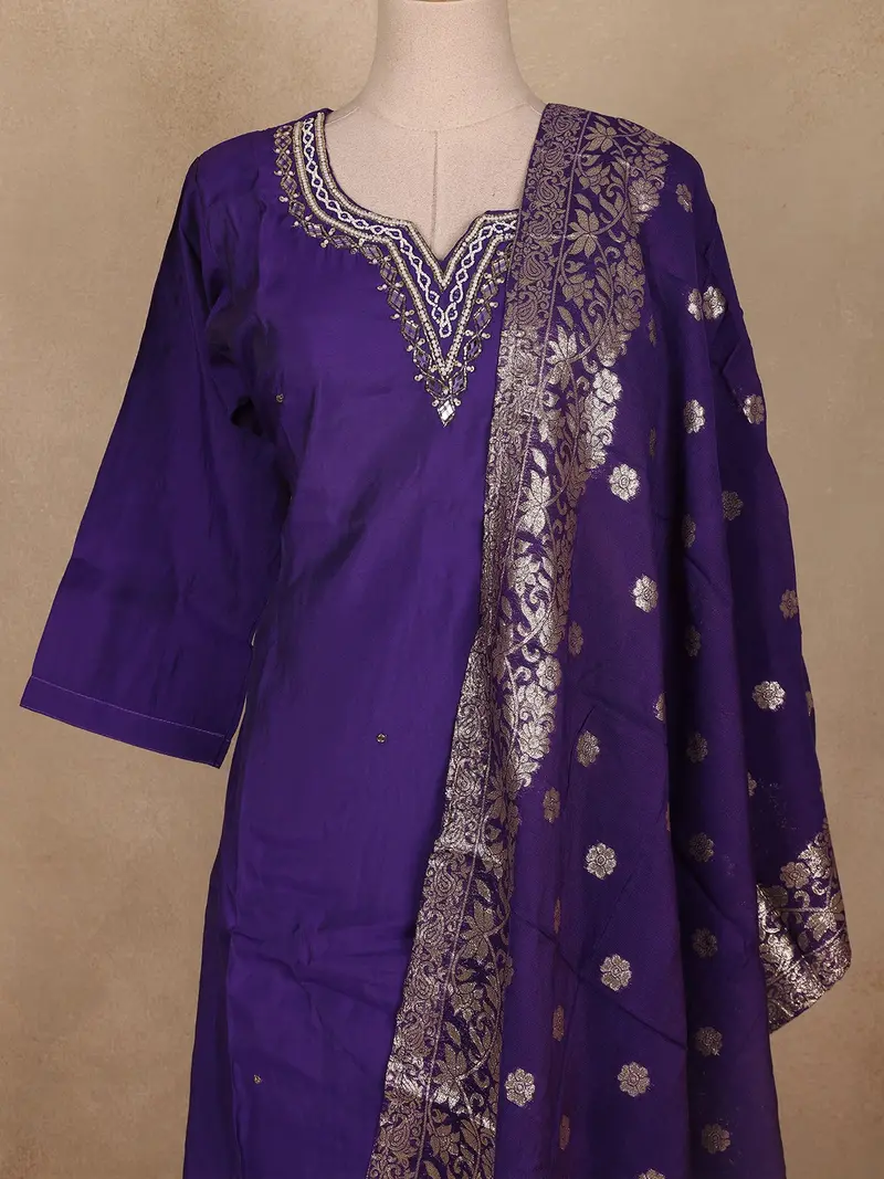 Purple Embroidered Cotton Salwar Suit With Banarasi Dupatta 2