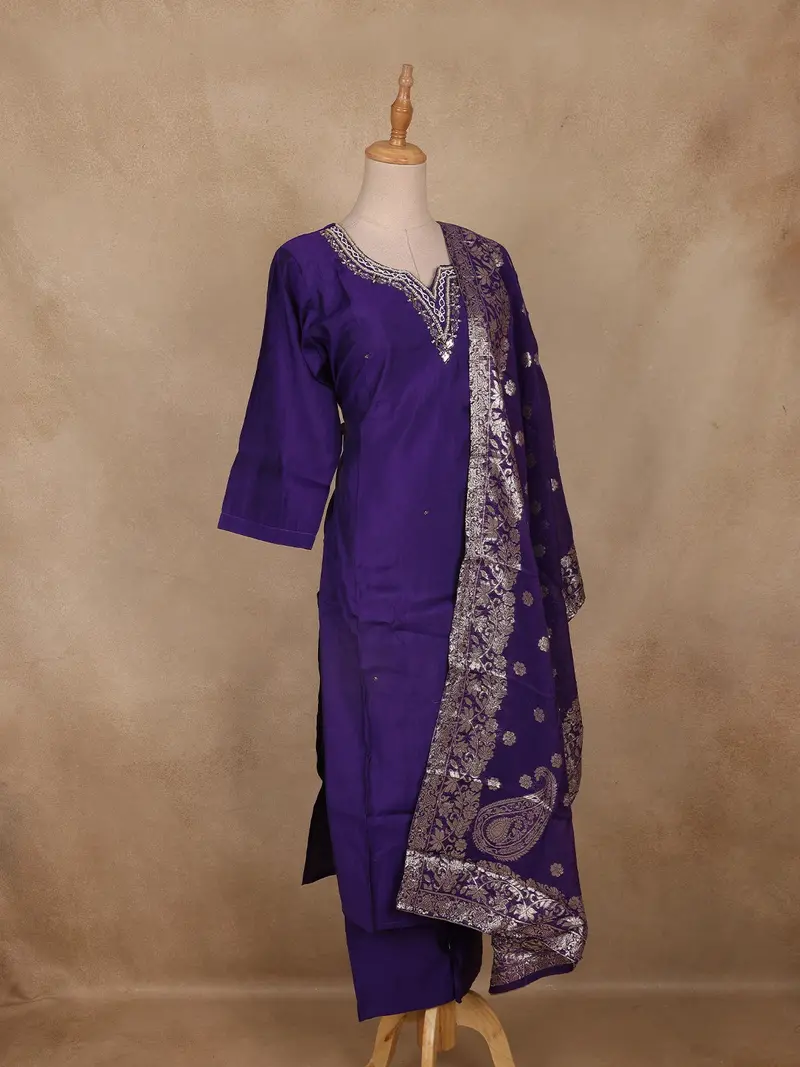 Purple Embroidered Cotton Salwar Suit With Banarasi Dupatta 3