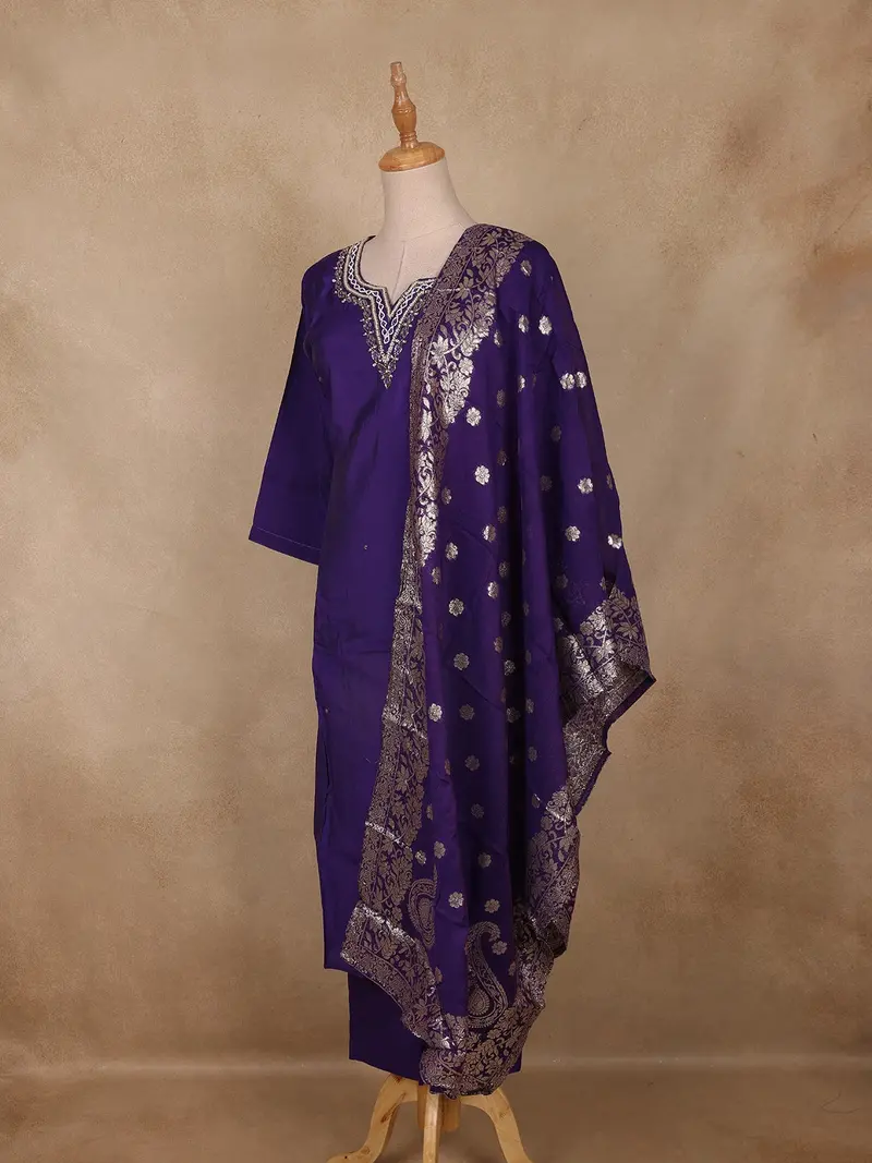 Purple Embroidered Cotton Salwar Suit With Banarasi Dupatta 4